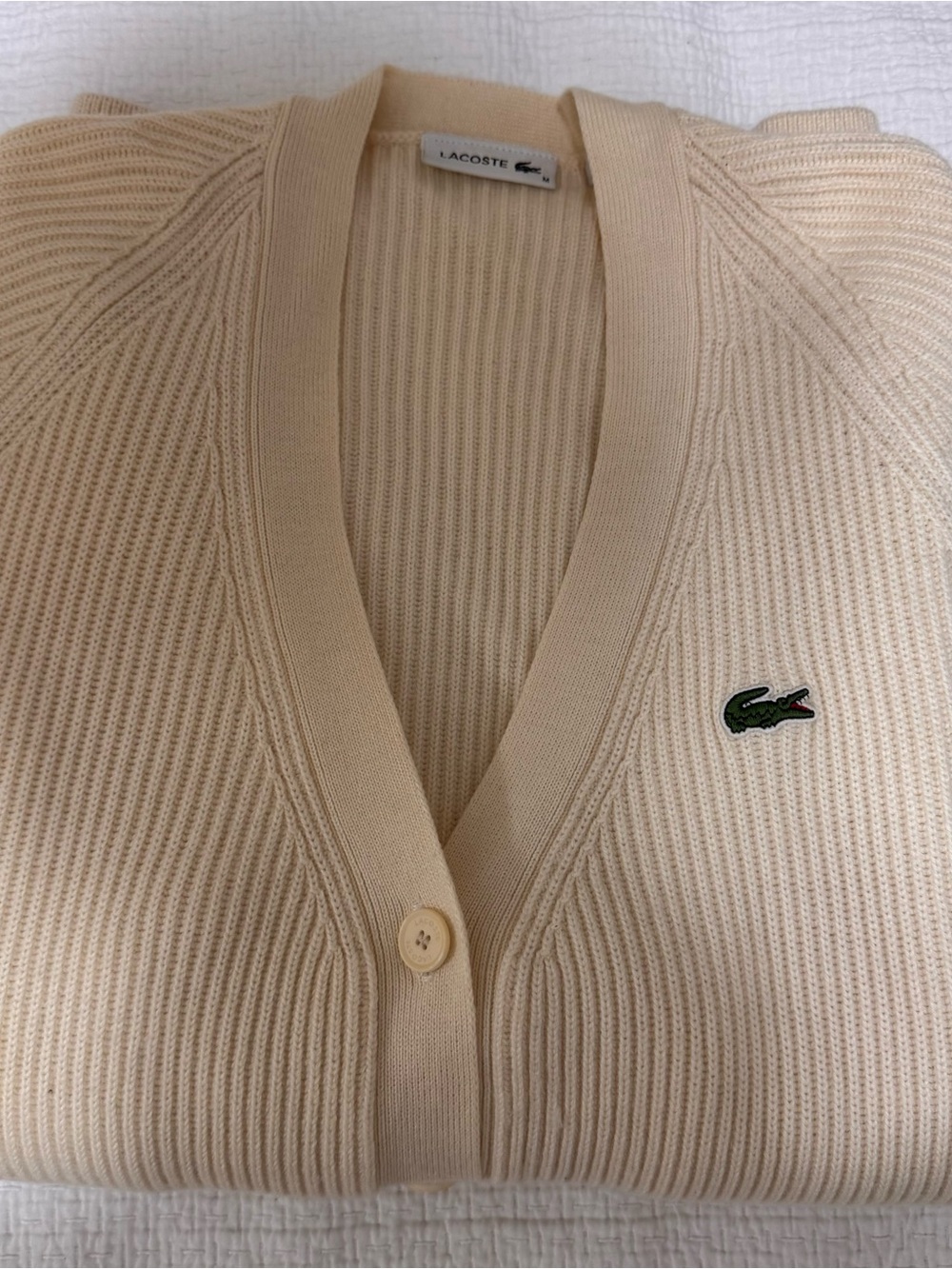 Lacoste Cream Ribbed V-Neck Cardigan,size M, oversized - Picture 8 of 9